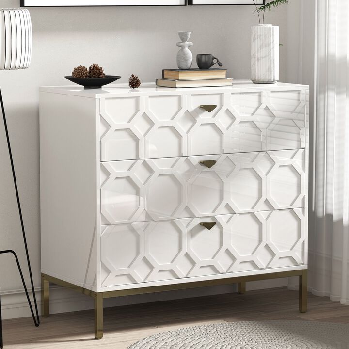 MONDAWE Freestranding Honeycomb Wooden 3-Drawer Storage Cabinet Table