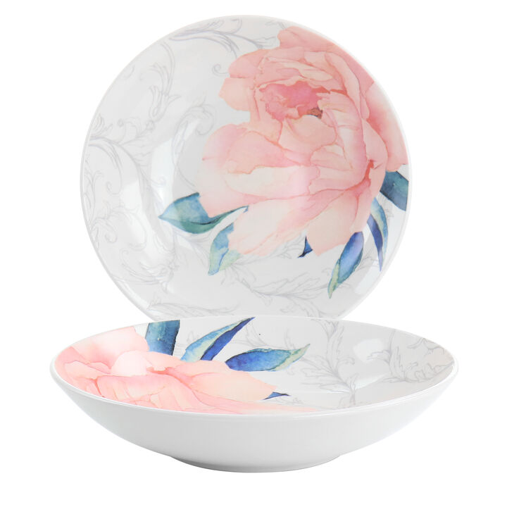 Martha Stewart Peony 2 Piece 9 Inch Fine Ceramic Dinner Bowl Set in Pink