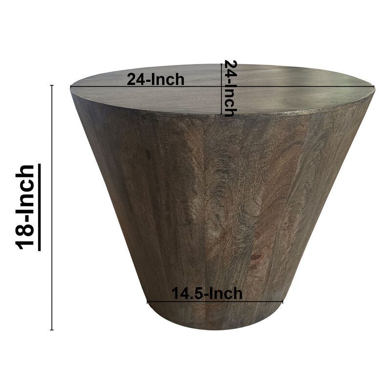 24 Inch Side End Table, Round Drum Shape, Handcrafted Distressed Gray Mango Wood