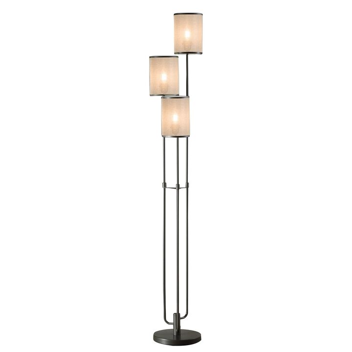 Zen 67 Inch Floor Lamp, 3 Drum Fabric Shades, Round Metal Base, Gray-Benzara
