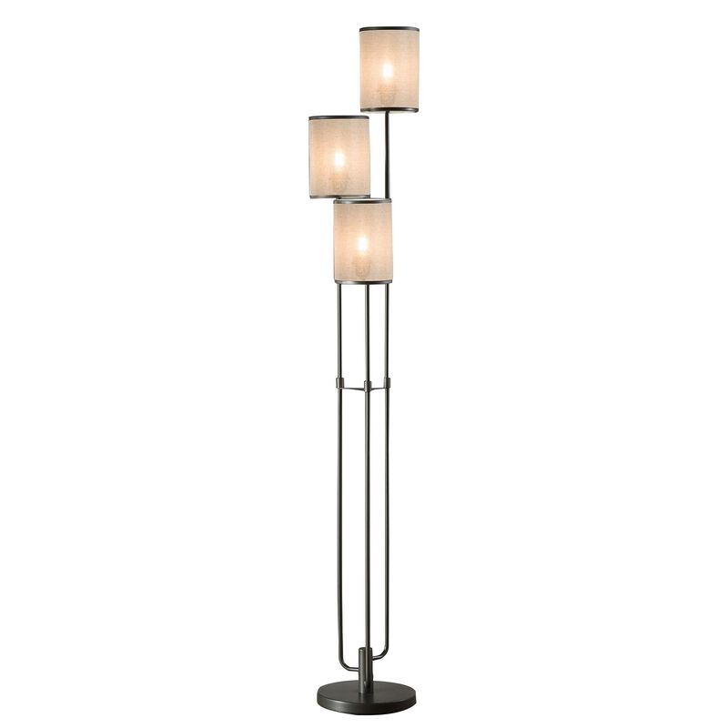 Zen 67 Inch Floor Lamp, 3 Drum Fabric Shades, Round Metal Base, Gray-Benzara