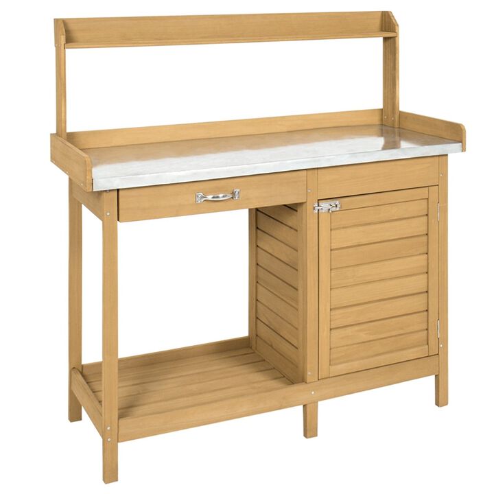 QuikFurn Natural Fir Wood Potting Bench Garden Work Table with Metal Top