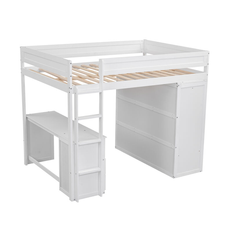 Wood Full Size Loft Bed With Wardrobes And 2-Drawer Desk With Cabinet