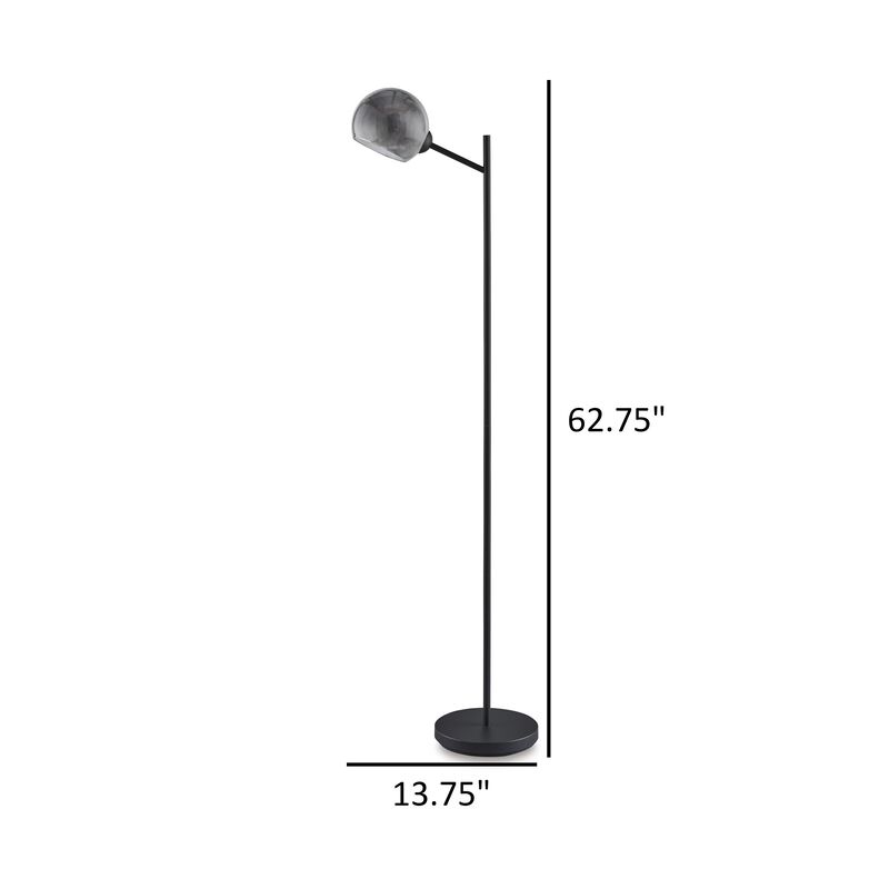 Bane 63 Inch Floor Lamp, Retro Smokey Black Glass Shade, Round Metal Base - Benzara