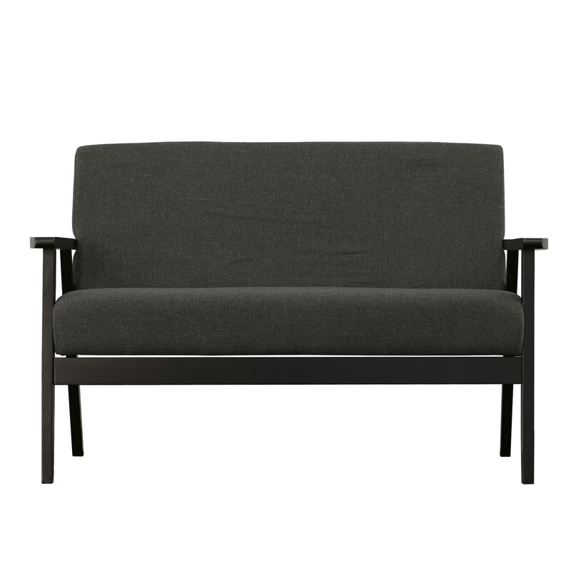 Gala 45 Inch Modern Loveseat Bench, Dark Gray Fabric, Jet Black Wood Frame-Benzara