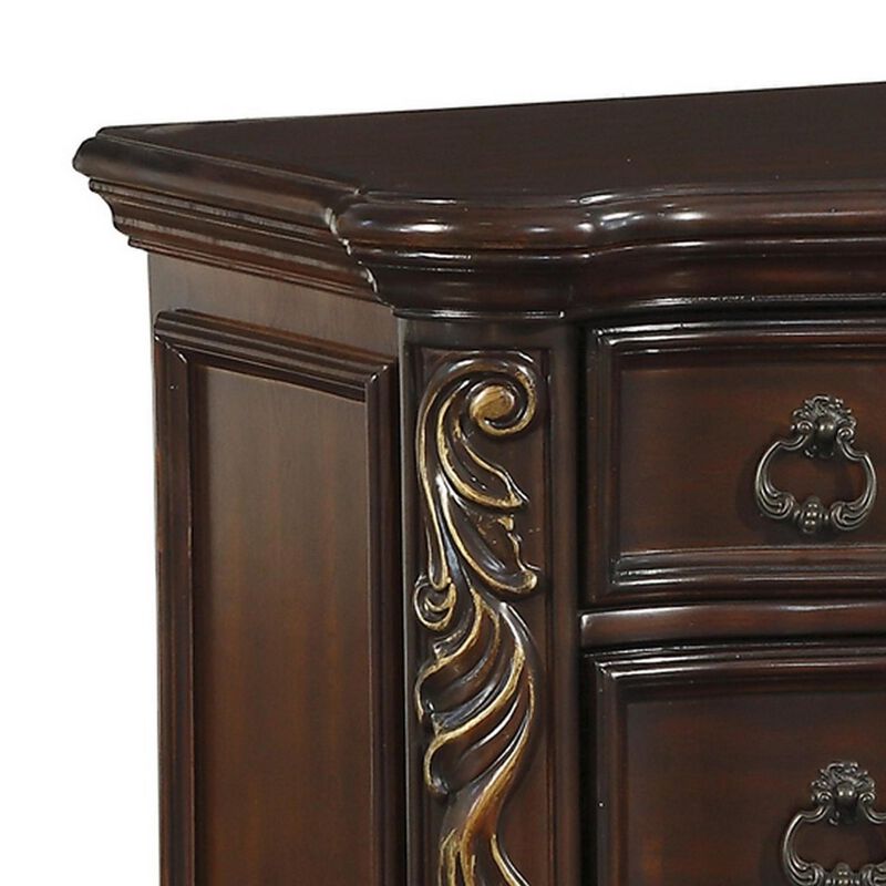 3 Drawer Nightstand with Carved Pilaster and Bracket Feet, Cherry Brown - Benzara