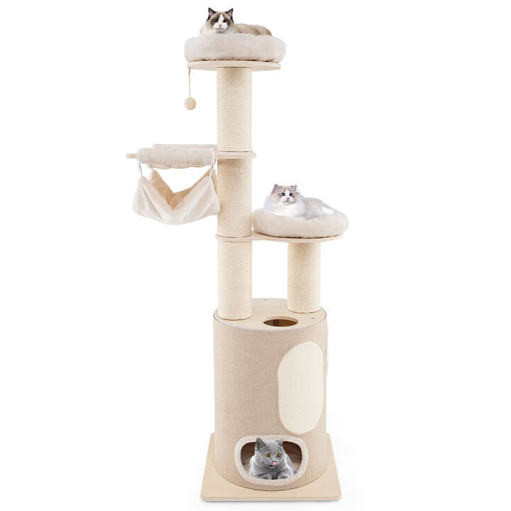 Tall Wooden Cat Tower Tree with 2-Story Cat Condo and Washable Cushions