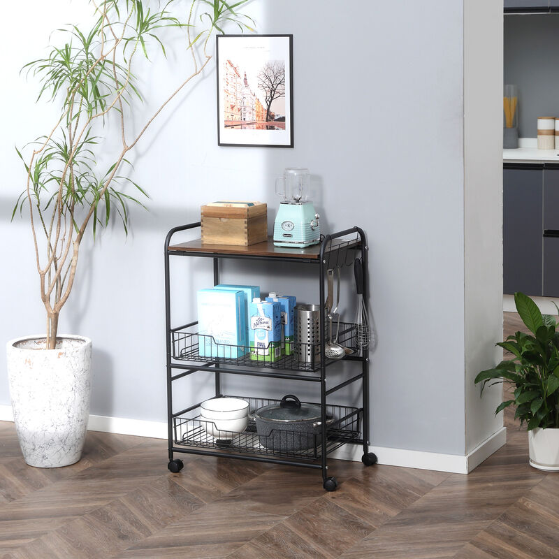 24" 3-Tier Utility Kitchen Cart Rolling Serving Trolley w/ 2 Storage Shelves