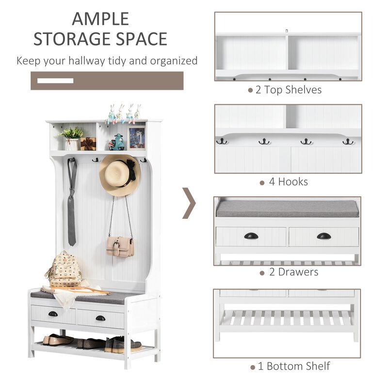 White Entryway Organizer: Hall Tree with Coat Rack and Shoe Storage