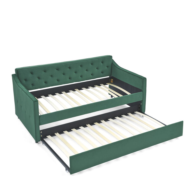 Tufted Twin Daybed with Trundle, Beige (80.5" x 44.5" x 33.5")