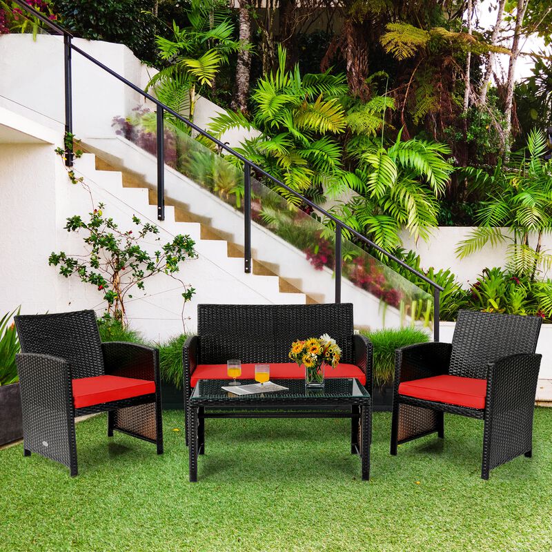 4Pcs Patio Rattan Cushioned Furniture Set