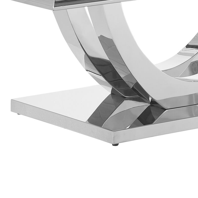 Kas 51 Inch Rectangular Coffee Table, White Stone Top, Polished Chrome Base - Benzara