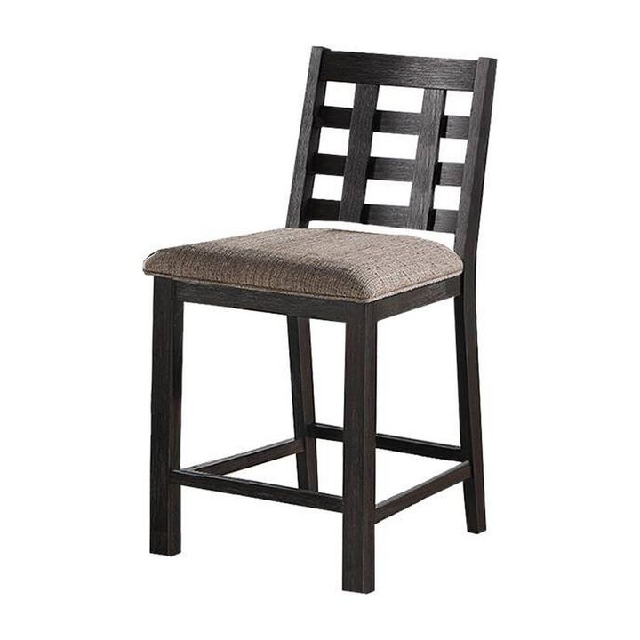 Trixy Counter Stool Chair, Open Square Back, Brown Wood, Beige Fabric - Benzara