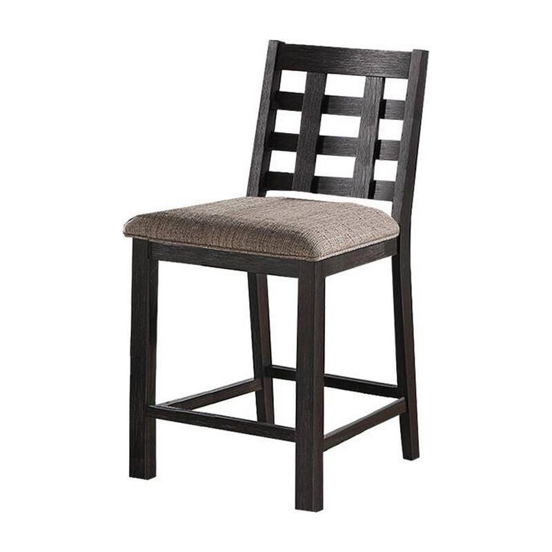 Trixy Counter Stool Chair, Open Square Back, Brown Wood, Beige Fabric - Benzara