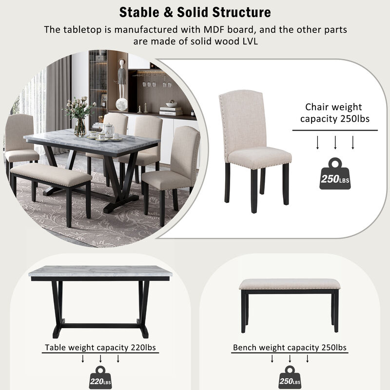 Merax Modern Style 6-piece Dining Table with Marbled Veneers Tabletop