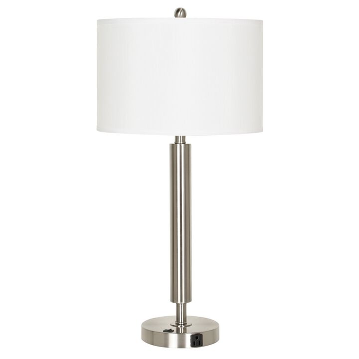 Metal Table Lamp with Fabric Drum Shade, White and Silver-Benzara