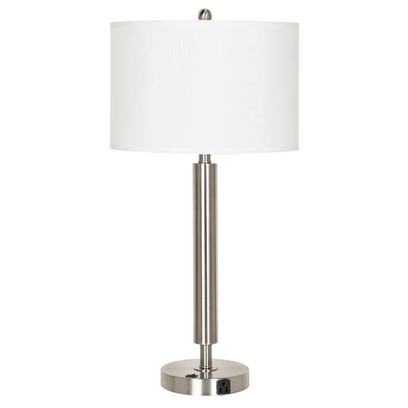 Metal Table Lamp with Fabric Drum Shade, White and Silver-Benzara
