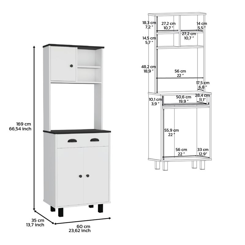 DEPOT E-SHOP Kitchen Pantry 67" H, Two Cabinets, Three Doors, Two Open Shelves, One Drawer, Microwave Storage Option, White/Black