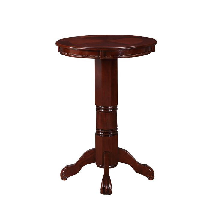 Ava 42 Inch Wood Pub Bar Table, Sunburst Design, Carved Pedestal, Dark Brown-Benzara