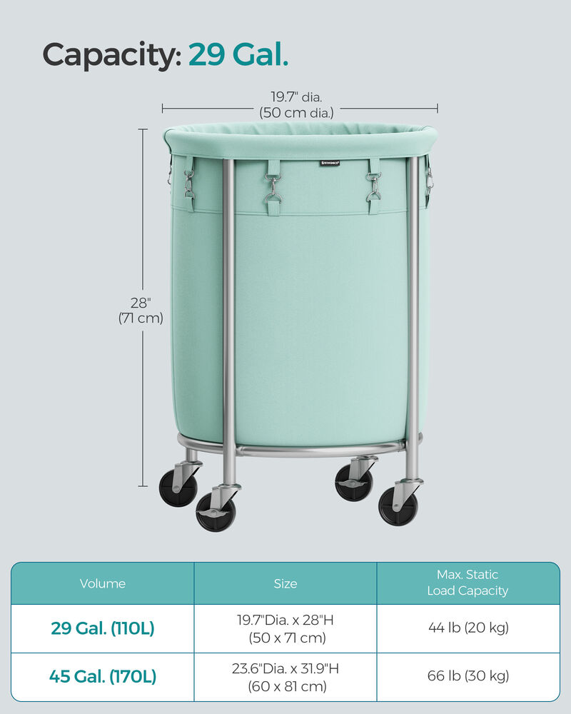Laundry Basket with Wheels and Removable Bag, Steel Frame, 4 Casters and 2 Brakes