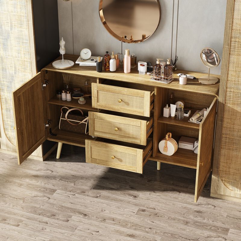 FUFU&GAGA Modern Rattan Dresser with Gold Handles & Legs, 3 Drawers & 2 Cabinets, Natural Wood Finish (55.1" W x 13.8" D x 32.1" H),White