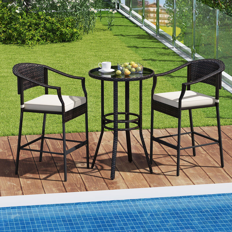 3-Piece Patio Rattan Bar Set with Tempered Glass Top for Backyard Poolside