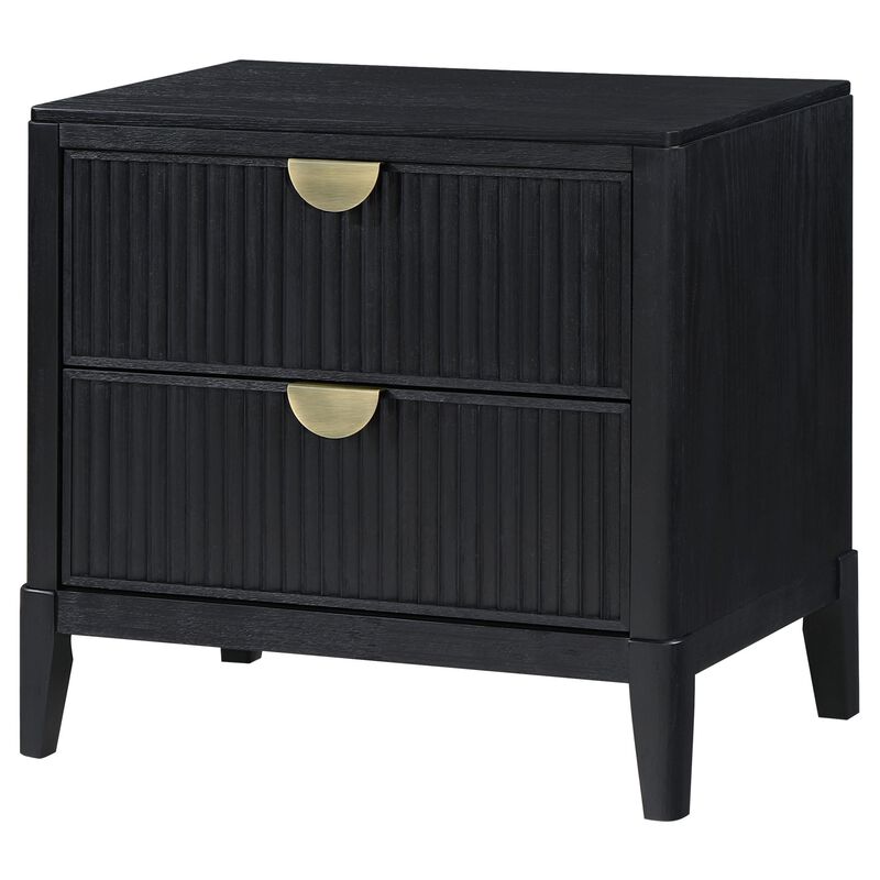 Jack Nightstand, 2 Drawers, Gold Metal Handles, Wire Brushed Black Wood - Benzara