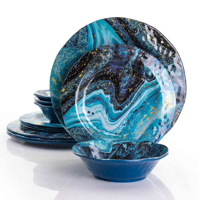 Gibson Home Elixir 12 Piece Melamine Dinnerware Set in Blue