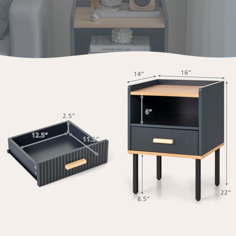 Hivvago Nightstand Bedside End Table with Drawer and Open Shelf for Living Room Bedroom-Gray