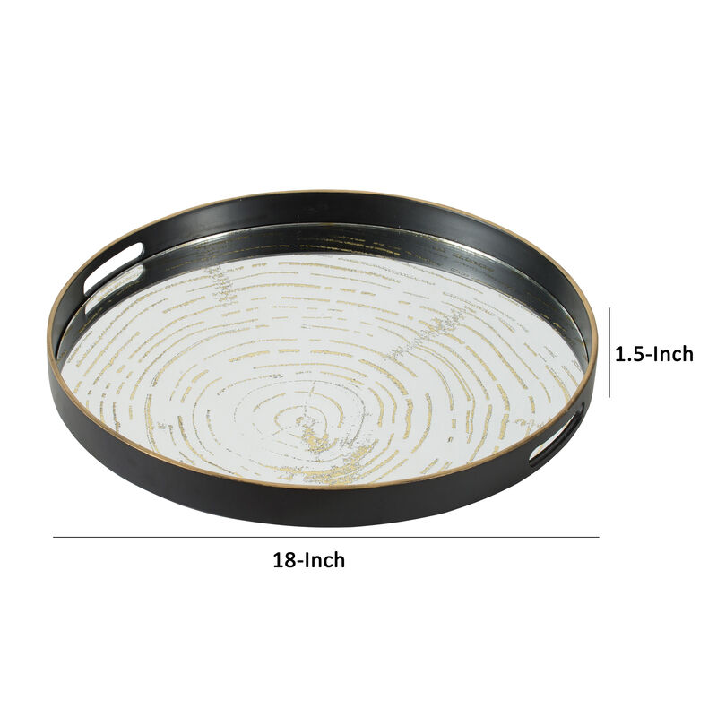 18 Inch Decorative Tray, Round Black Wood Frame, Mirrored Bottom - Benzara