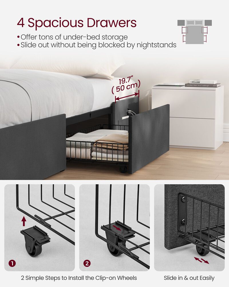 LED Bed Frame Full Size with 4 Drawers and Charging Station