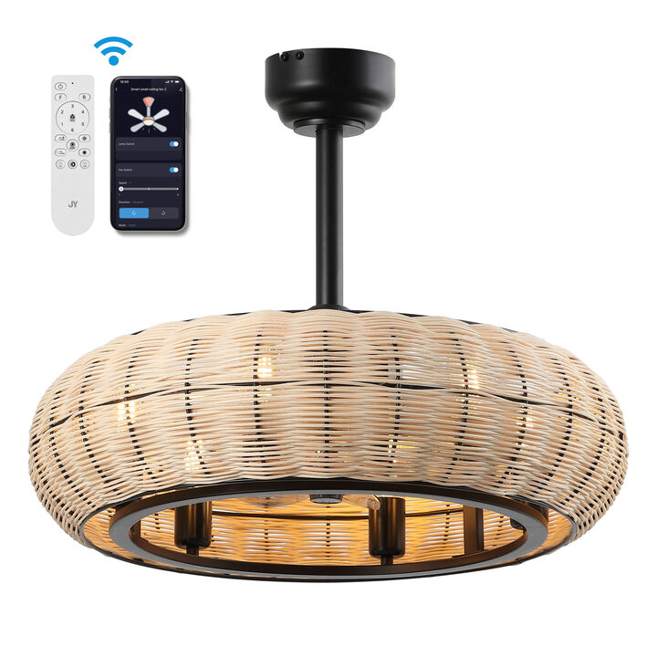 Cassidy 6-Light Modern Bohemian 6-Speed Metal Rattan Mobile-App Remote-Controlled Height-Adjustable Lantern LED Ceiling Fan