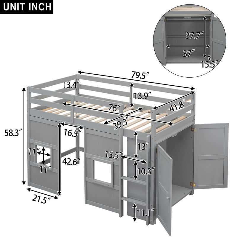 Merax Loft Bed with Storage Wardrobe and 2 Windows