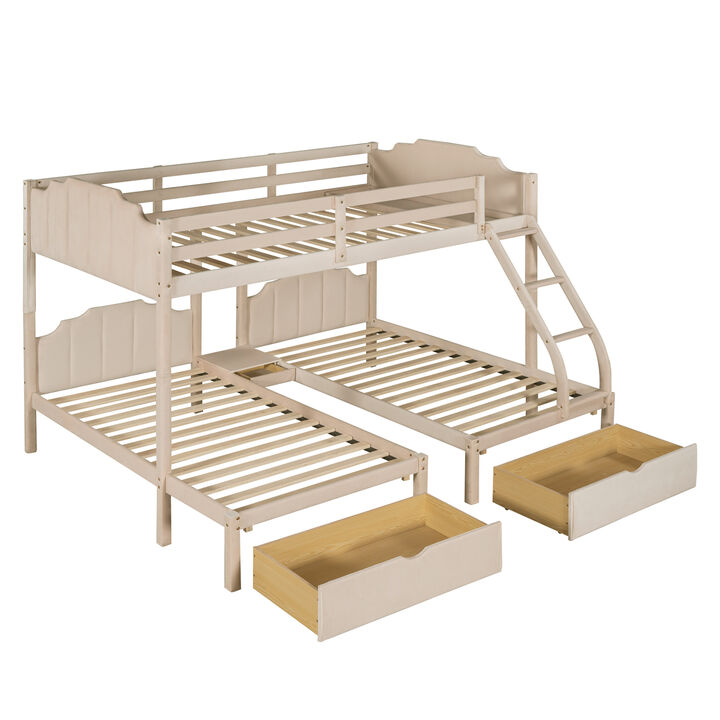 Full Over Twin & Twin Bunk Bed, Velvet Triple Bunk Bed With Drawers And Guardrails