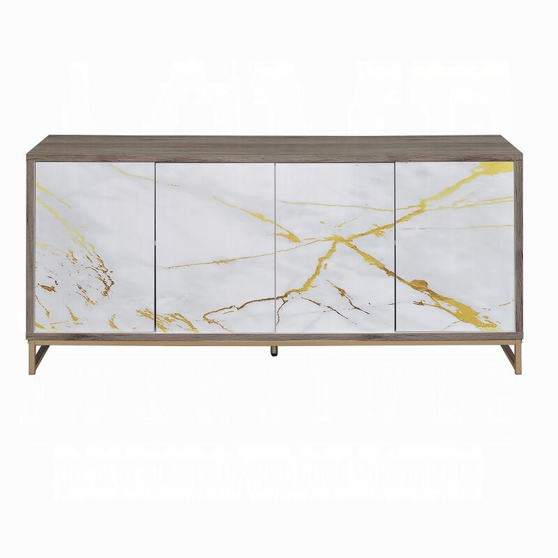 Avia Sideboard Console Cabinet, White Marble Look 4 Door Brown 65 Inch - Benzara