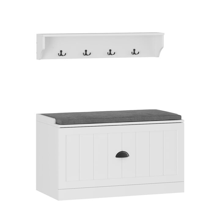 70.9 in. H x 86.8 in. W, White Wood Shoe Storage Bench, Coat Hanger & Wardrobe 3-IN-1 (Shoe Storage Bench & Hanger)