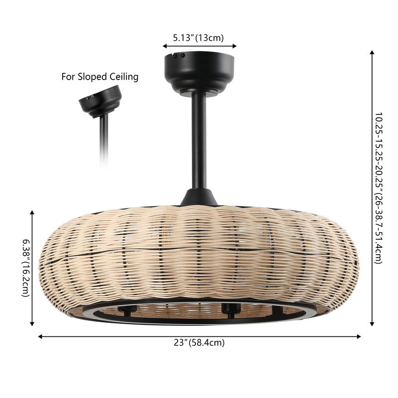 Cassidy 6-Light Modern Bohemian 6-Speed Metal Rattan Mobile-App Remote-Controlled Height-Adjustable Lantern LED Ceiling Fan