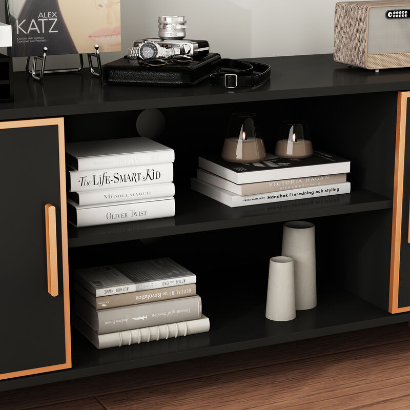 FUFU&GAGA Modern Black TV Stand with Gold Trim, Metal Handles & Base – Entertainment Center for TVs up to 75" (70.9"W x 15.7"D x 20.9"H), Black