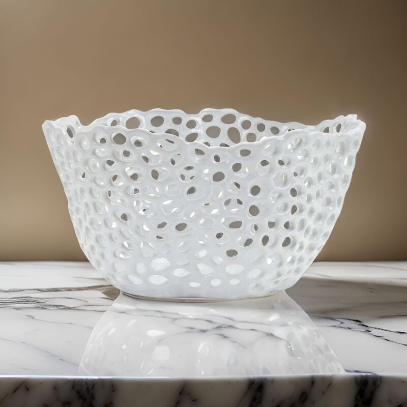 Hina 14 Inch Decorative Bowl, Mesh Design, Wavy Edges, Ceramic White Finish - Benzara