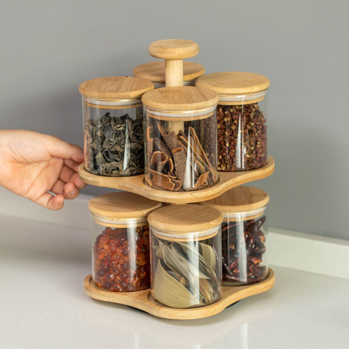 Basicwise Minimalist Two-Tier Bamboo Lazy Susan Turntable with 8 Pcs 12 oz Airtight Lid Glass Jars, Versatile Spice Rack Organizer, Perfect for Kitchen Countertops, Dining Tables, and Pantry Cabinets