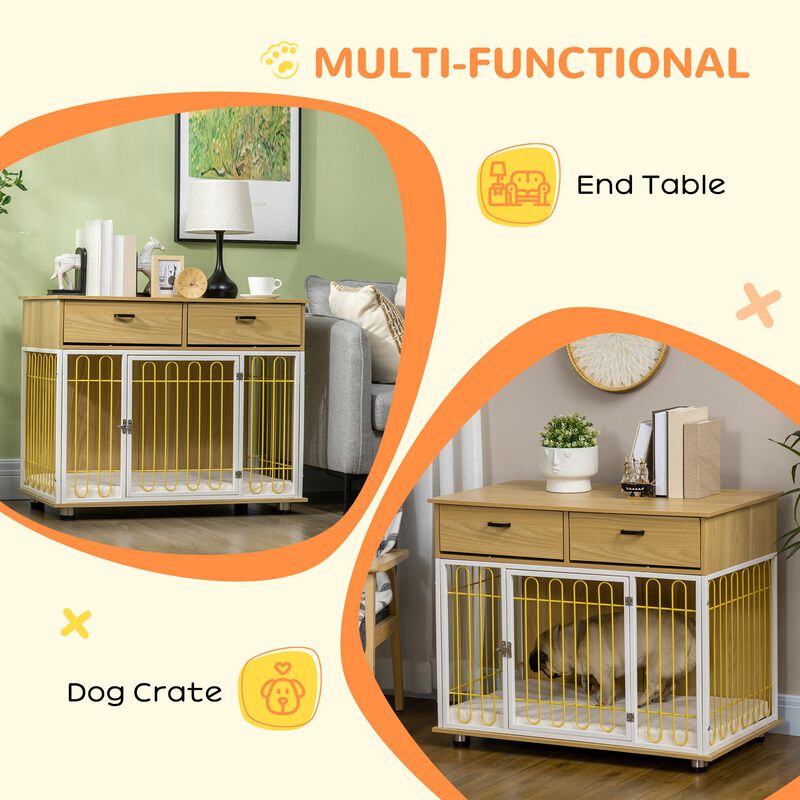 Oak Pet Furniture: Unique Dog Crate End Table with Drawers & Cushion
