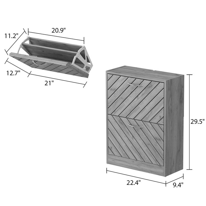 Gray 12-Pair Shoe Storage Cabinet with 2-Drawers and 4-Compartments and Wood Grain