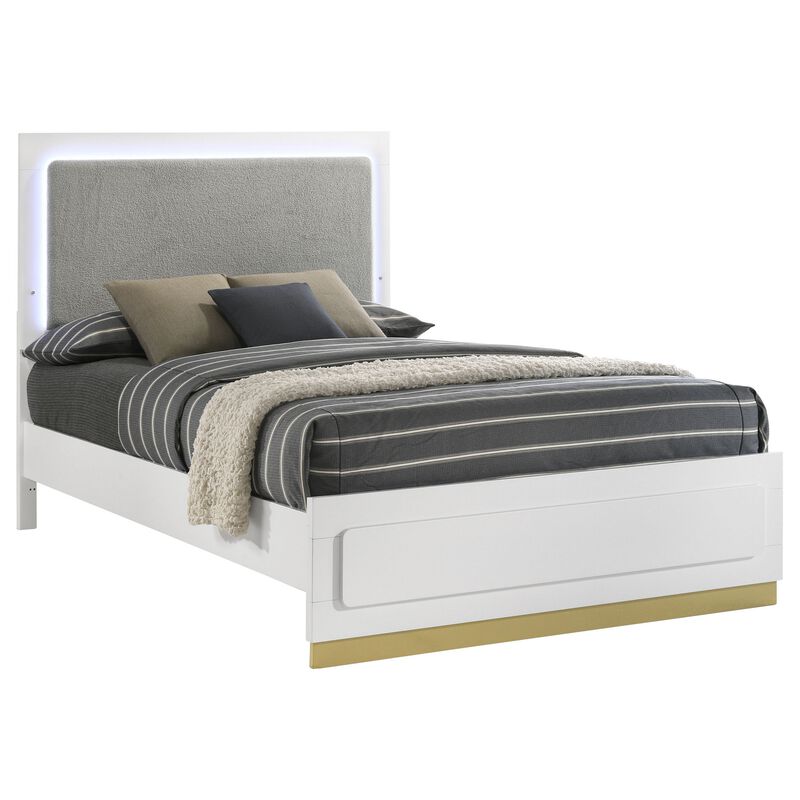 Caer Queen Size Bed, LED Panel Tall Headboard, Gray Upholstery, White Okume -