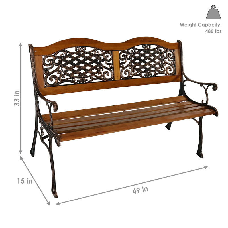Sunnydaze 2-Person Ivy Crossweave Cast Iron and Wood Outdoor Garden Bench