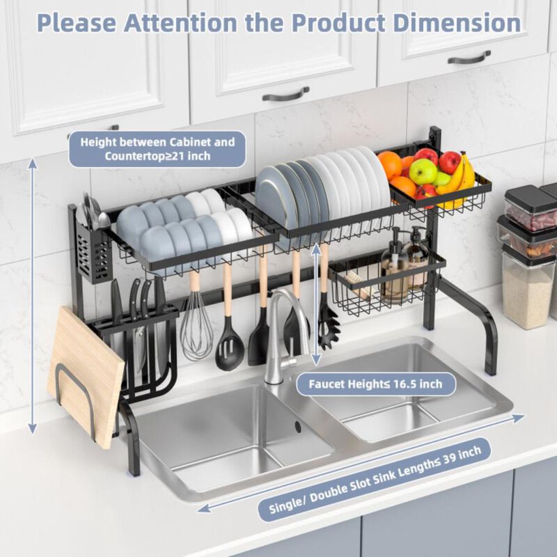 Hivvago 2 Tier Adjustable Over Sink Dish Drying Rack with 8 Hooks