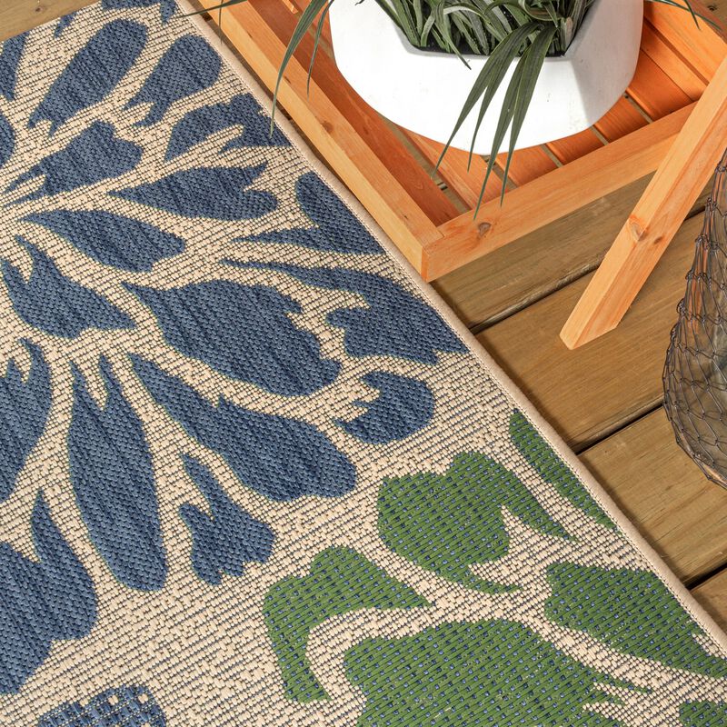 Zinnia Modern Floral Textured Weave Navy/Aqua. Indoor/Outdoor Runner Rug