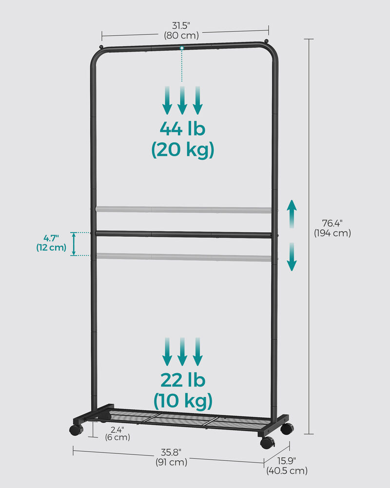 36 Inch Double-Rod Clothes Rack with Wheels