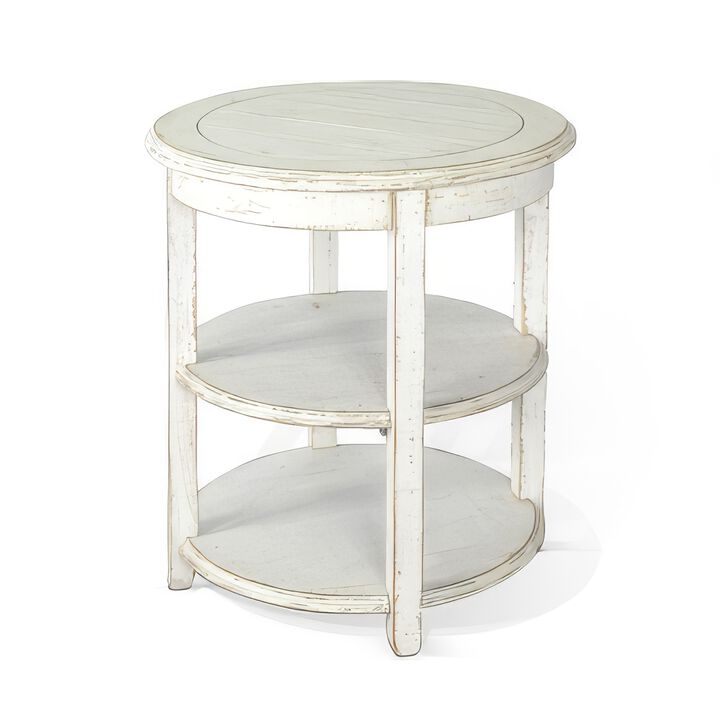 Rena Side End Table with 2 Shelves, 24 Inch Round White Mahogany Wood - Benzara