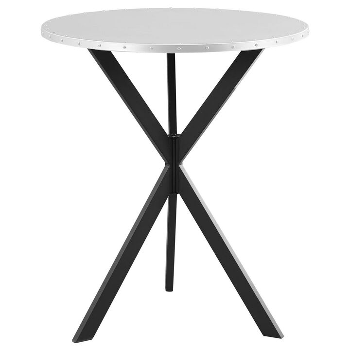 36 Inch Bar Table, Metal Top, Hammered Nails, Intersected Base, Silver  - Benzara