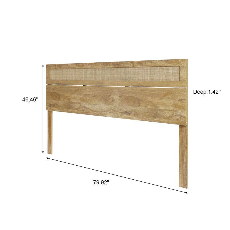 LuxenHome Oak Finish Manufactured Wood with Natural Rattan Top Headboard, King